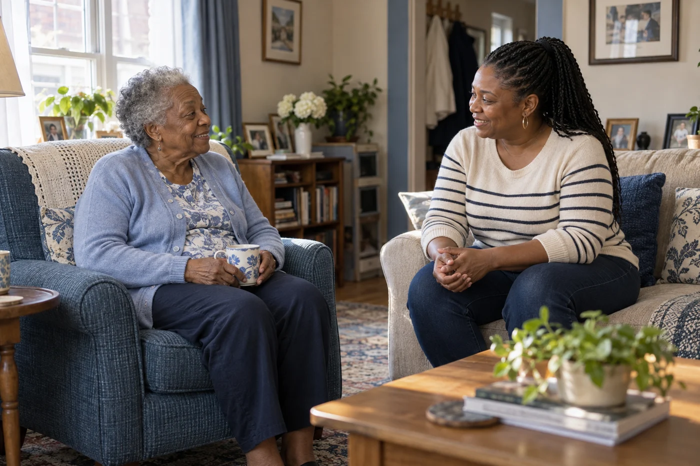 Illustrative scene of an older Black woman and her home-care companion sharing a happy conversation.