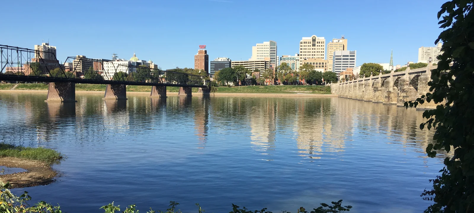 Harrisburg's Capitol, riverfront and bridges, viewed from City Island across the Susquehanna River